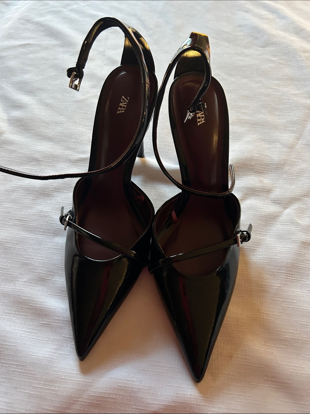 ZARA Black Patent Pointed Toe Strappy Ankle-Heel Pumps